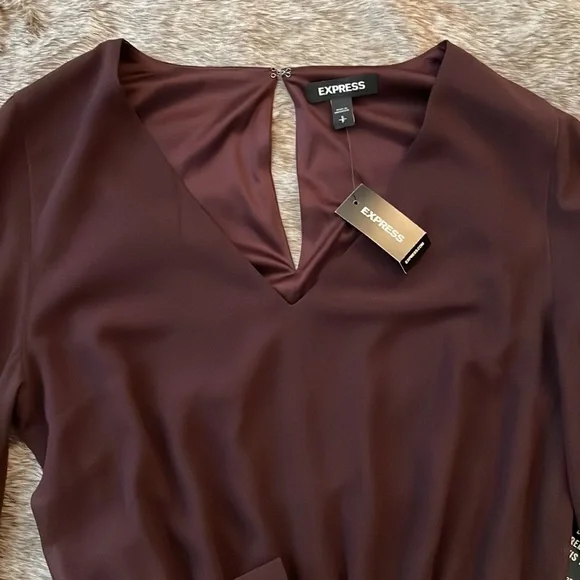 Express Plum V-Neck Elastic Tie Waist Long Sleeve Mini Dress Small NWT - Picture 2 of 10